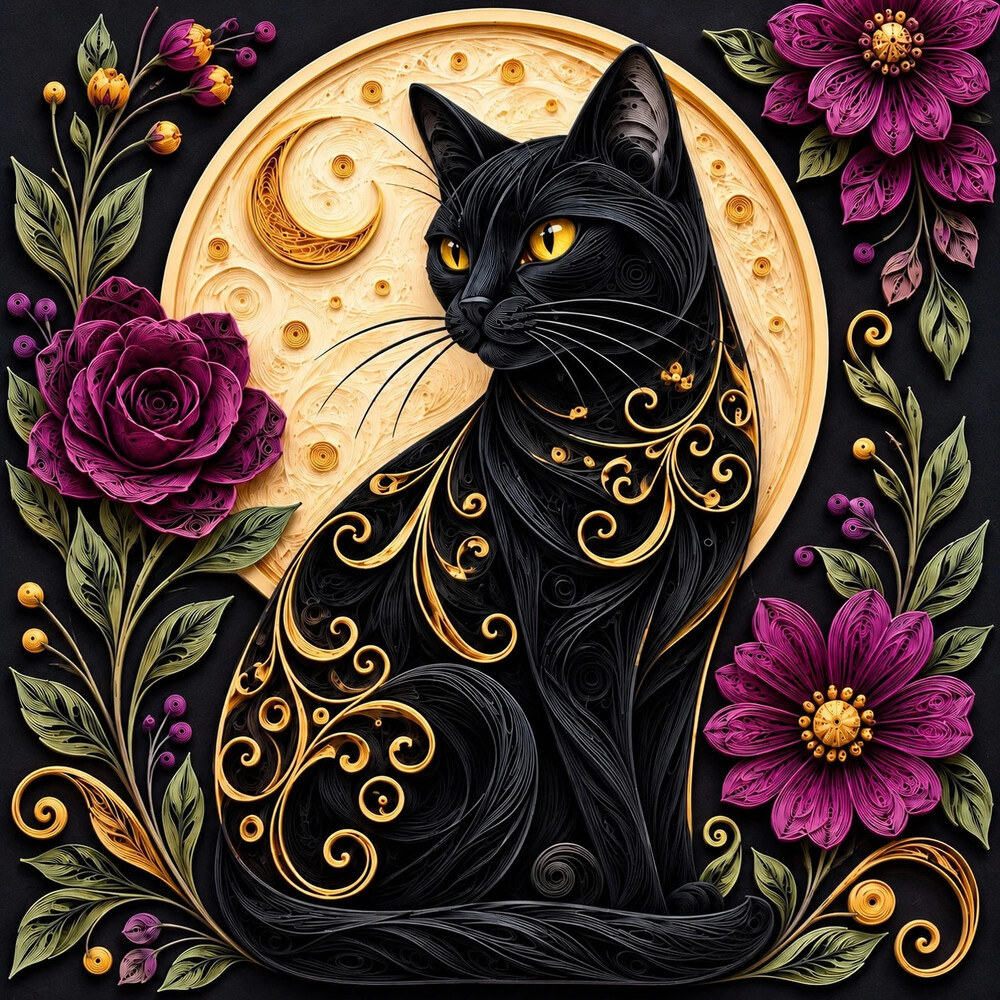 8x8 Framed Black Cat Moon Floral Quilling Art Print